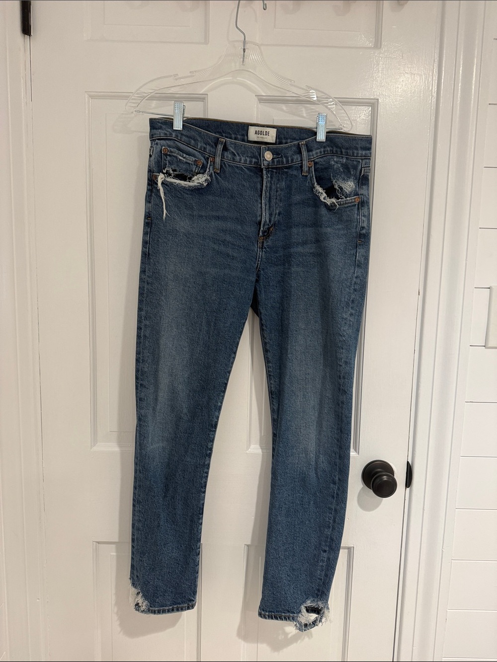 Agolde - Dark Blue Mid-Rise Fit, Straight Jeans, w/ Distressed Details, Size 29